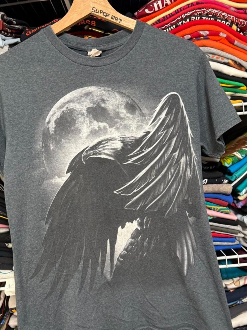 Older modern eagle moon nature grey graphic t shirt